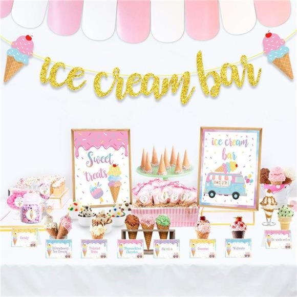 Ice Cream Bar Decor Kit, Summer Ice Cream Sundae Bar Glitter Banner Ice Cream - Picture 1 of 6